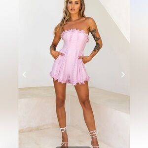 Daphne Debbie Women’s Pink Strapless Romper Frill Trim Size Small Blush Eyelet